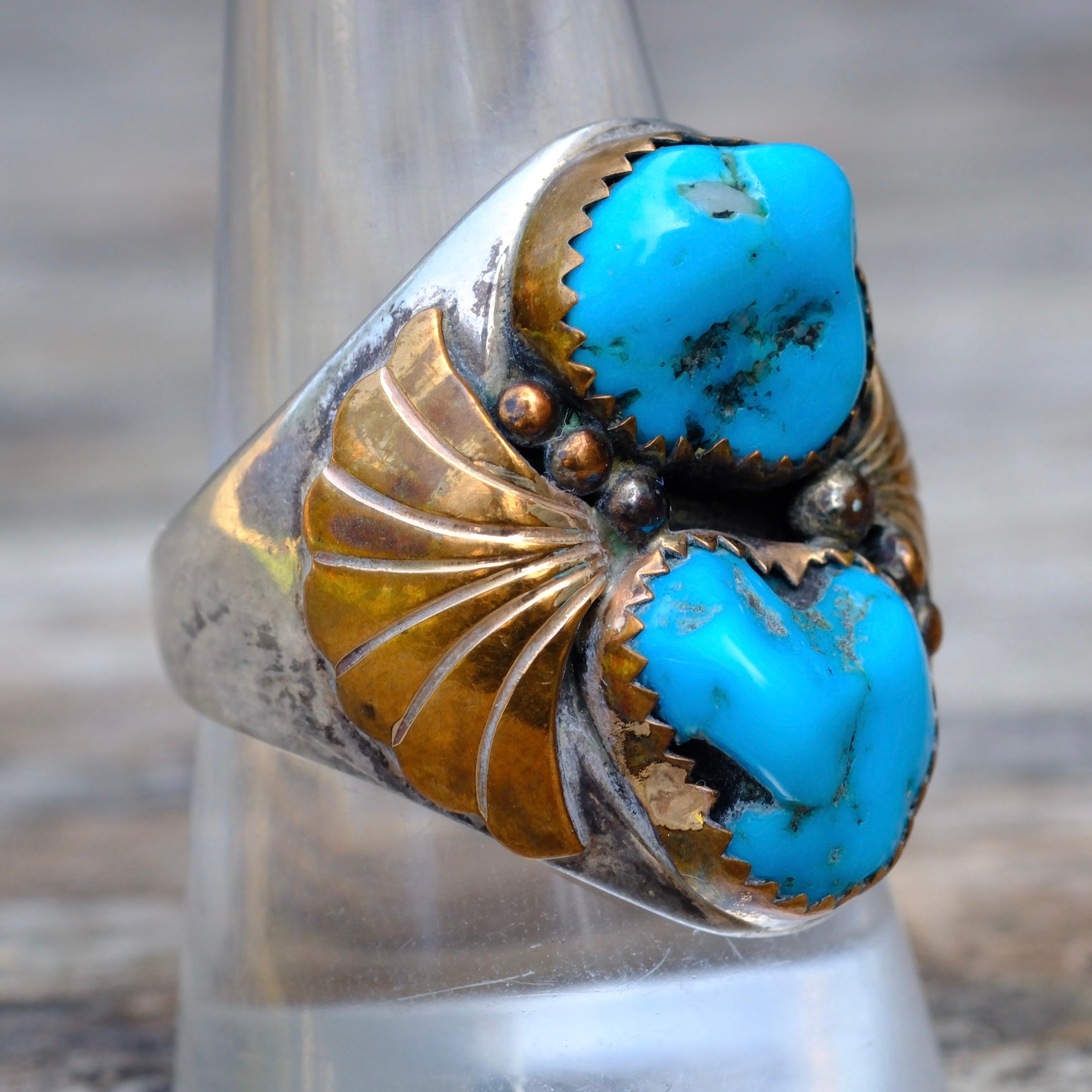 Vintage Sterling and Copper 2-Stone Turquoise Ring 10