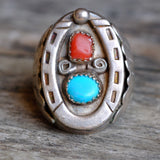 Vintage Sterling Turquoise and Coral Horseshoe Ring 7.25