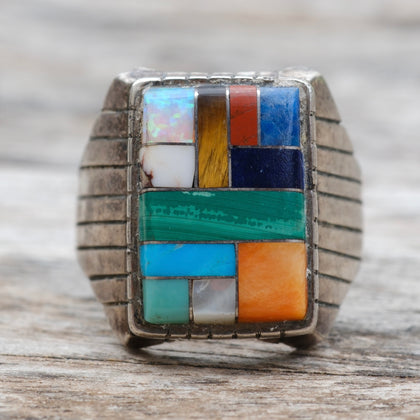 Vintage Sterling Multistone Inlay Ribbed Band Ring 11.25