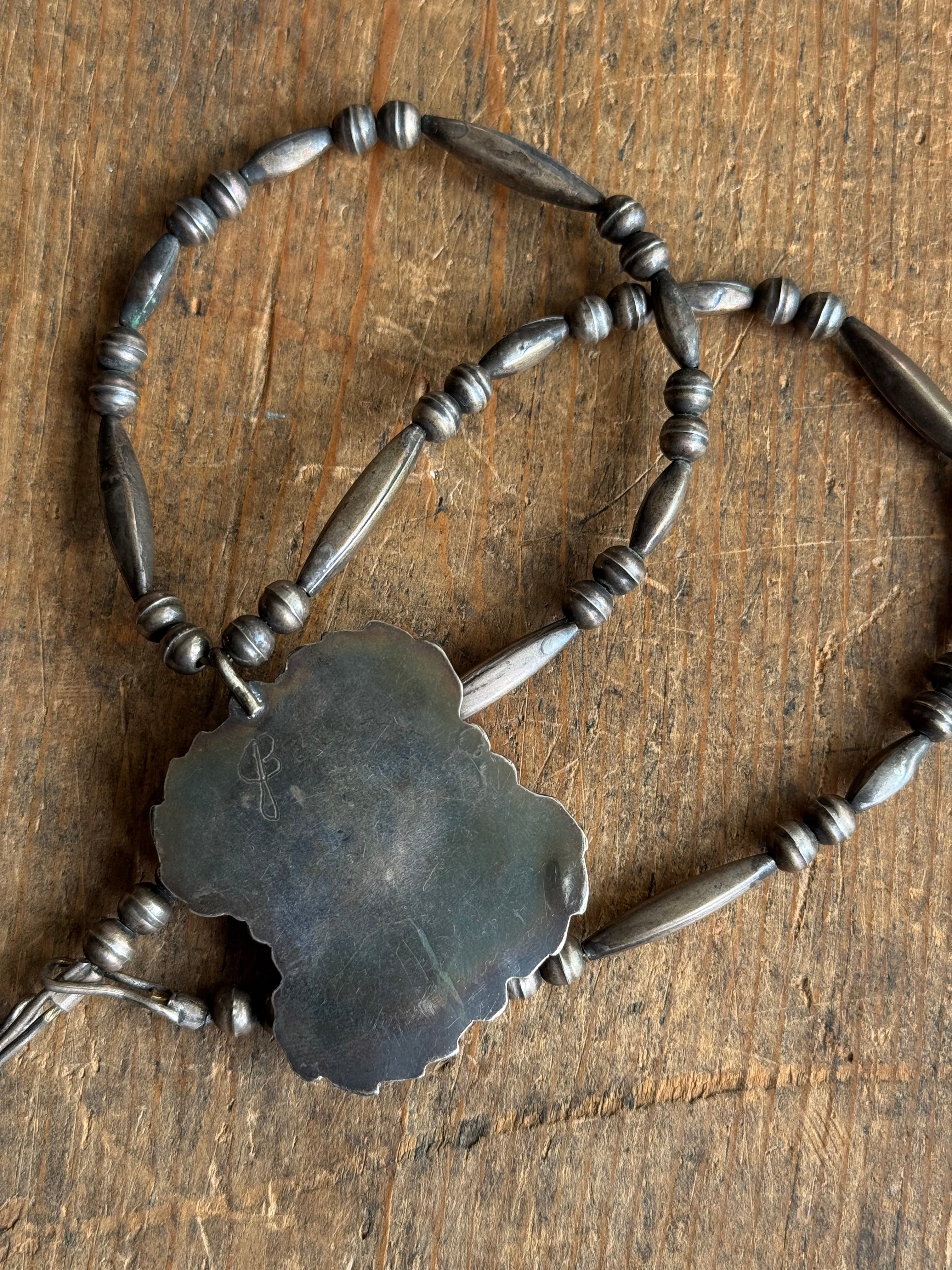 Vintage Turquoise Leaf Sterling Silver Pawn Bead Necklace
