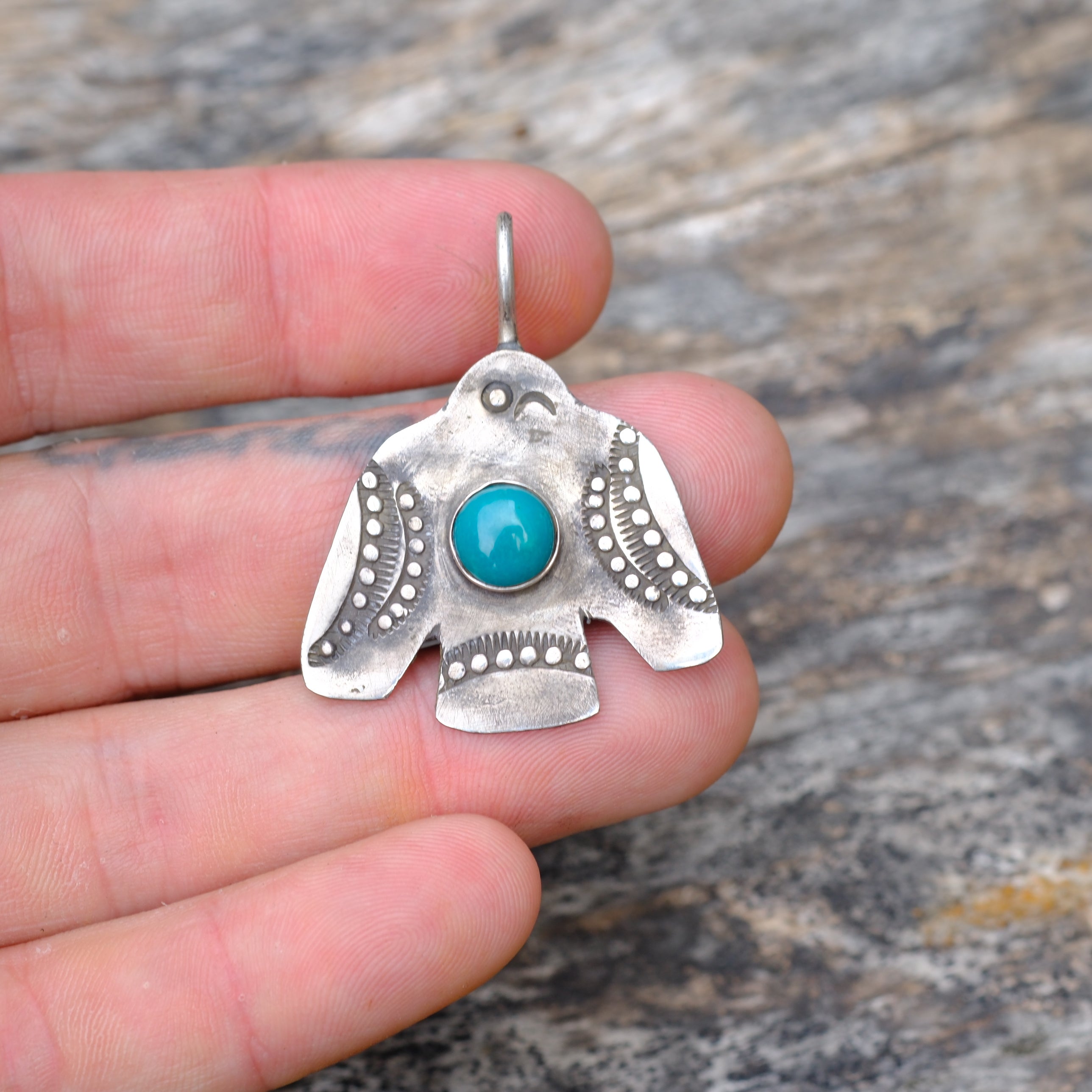 Sterling Silver Stamped Turquoise Thunderbird Necklace