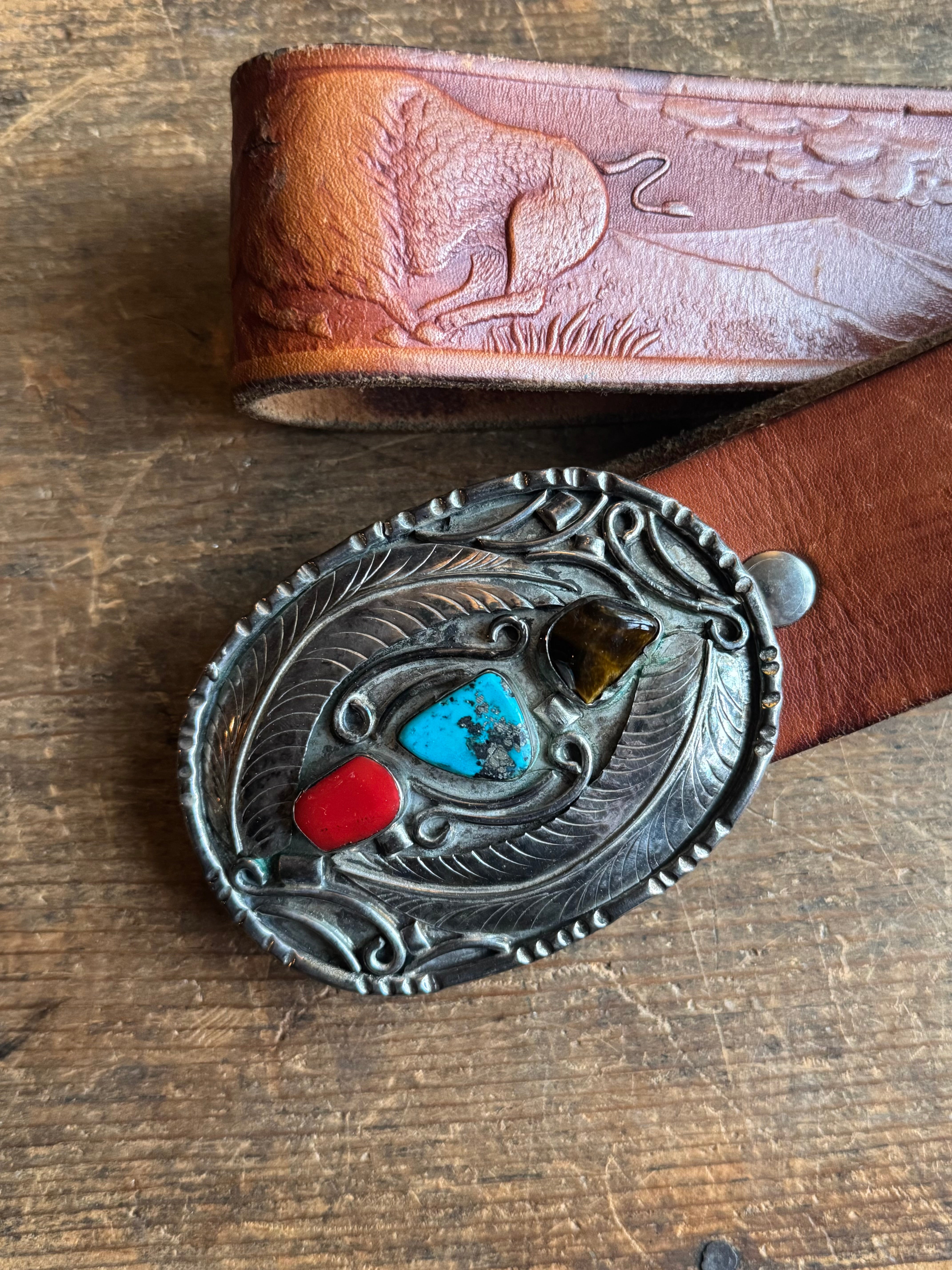 Vintage Multistone Belt Buckle & Hand Tooled Buffalo Leather Belt