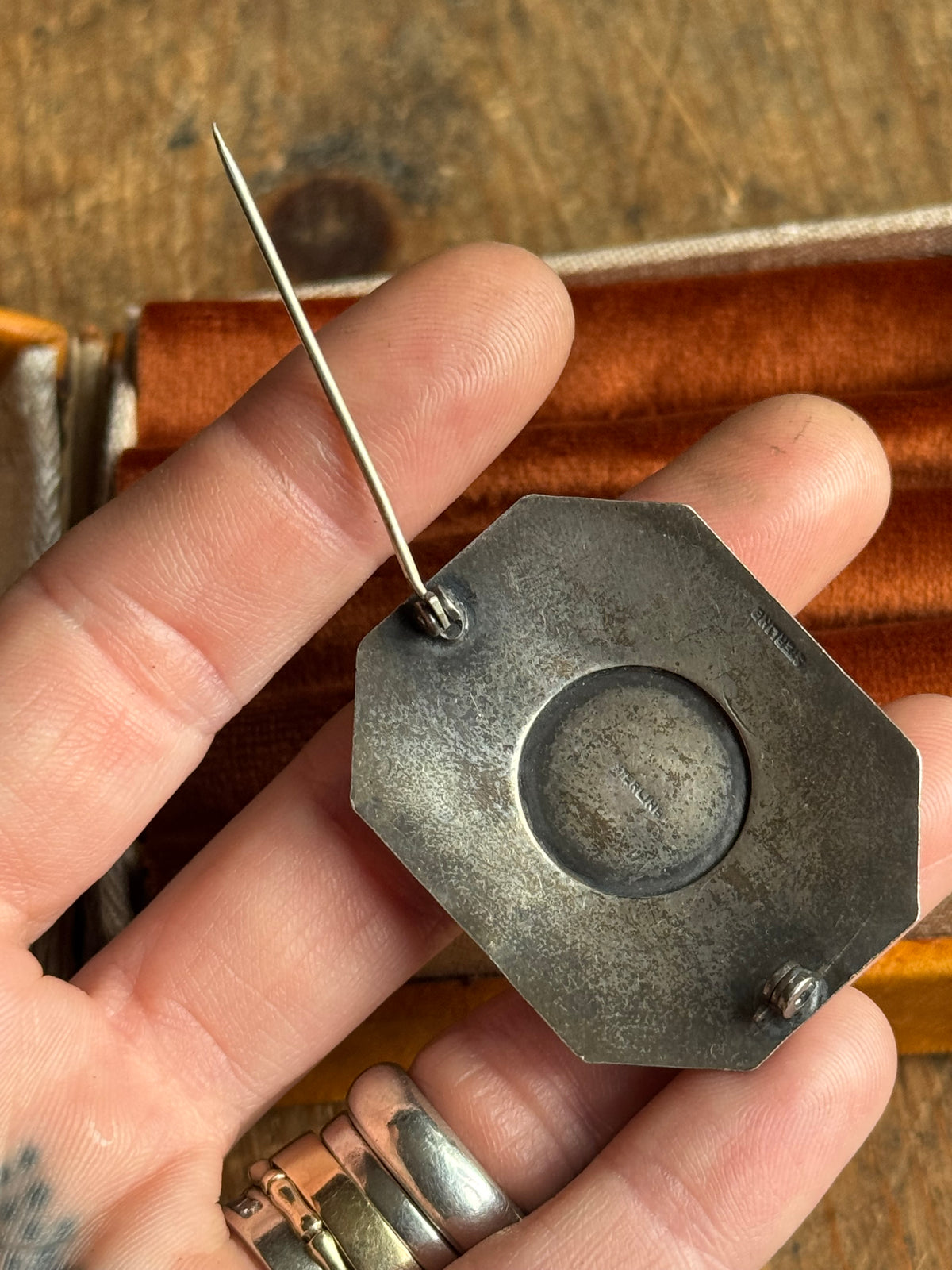 Vintage Sterling Silver Jasper Stamped Thunderbird Pin