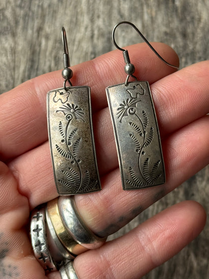 Vintage Sterling Silver Flower & Butterfly Stamped Arched Earrings