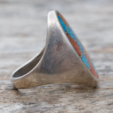 Vintage Sterling Crushed Turquoise and Coral Inlay Ring 9.75