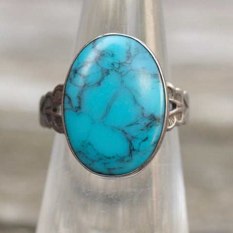 Vintage Sterling Turquoise Stamped Band Ring 6