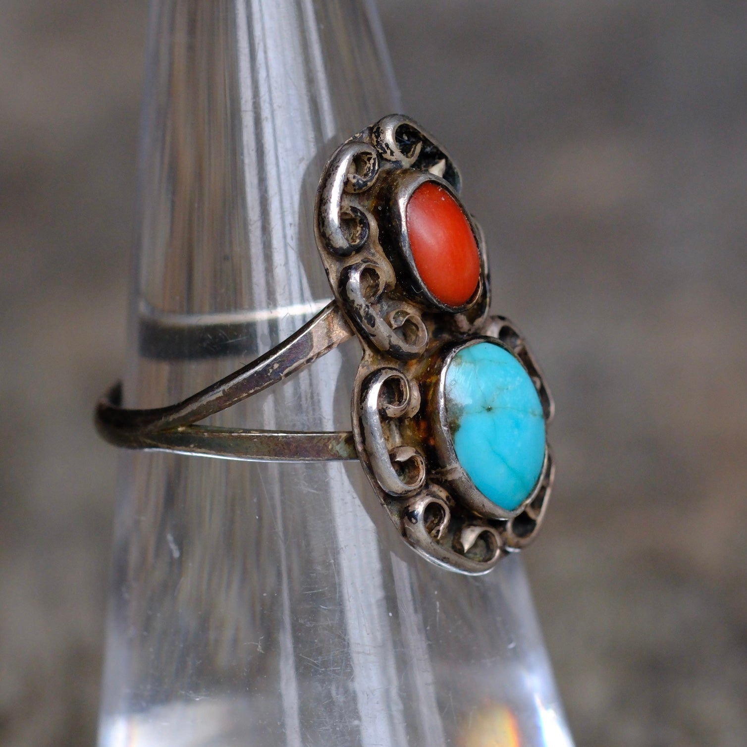 Vintage Sterling Turquoise and Coral Ring 5.75