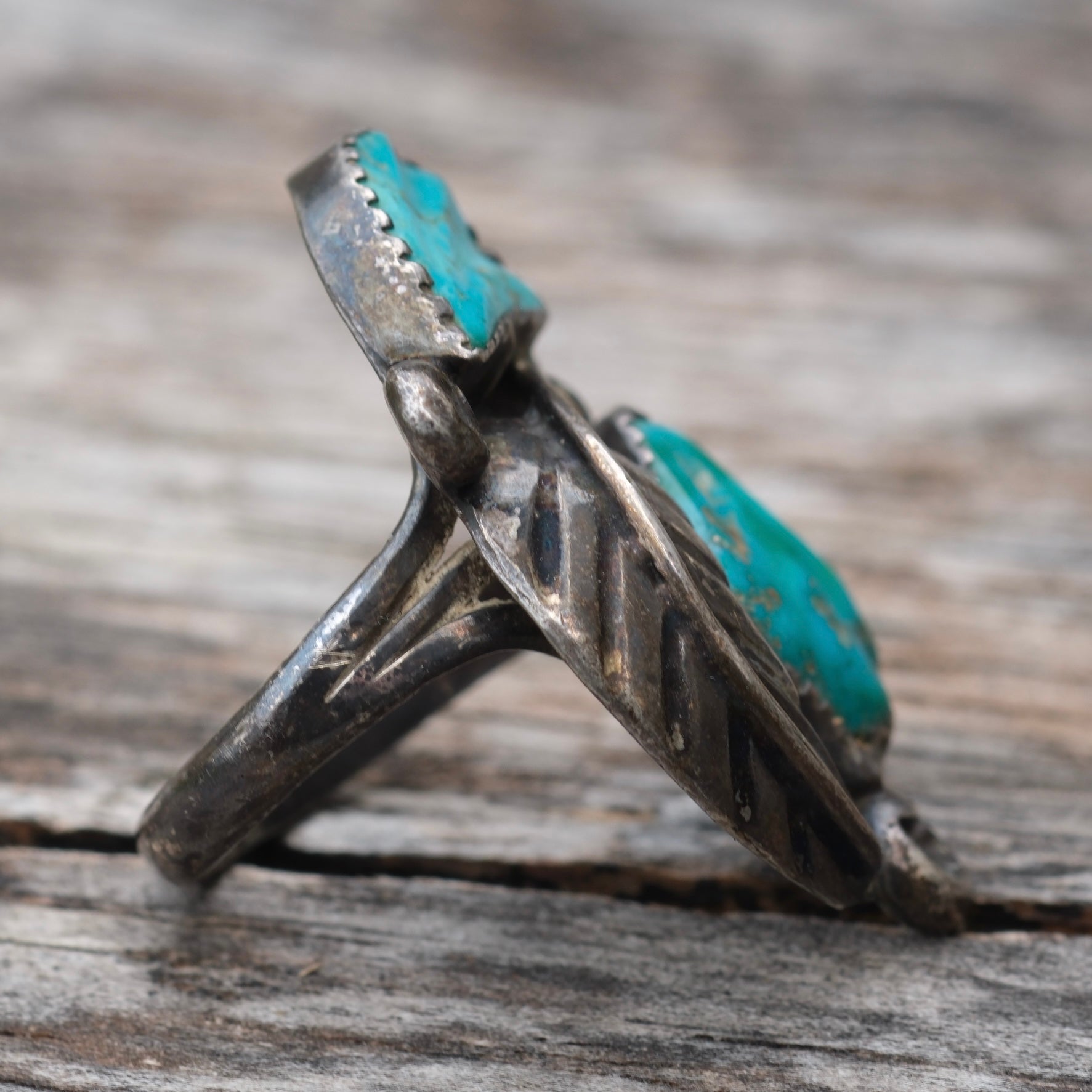 Vintage Sterling Carved Turquoise Feather Ring 6.25
