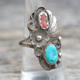 Vintage Sterling Turquoise and Coral Feather Ring 8.5