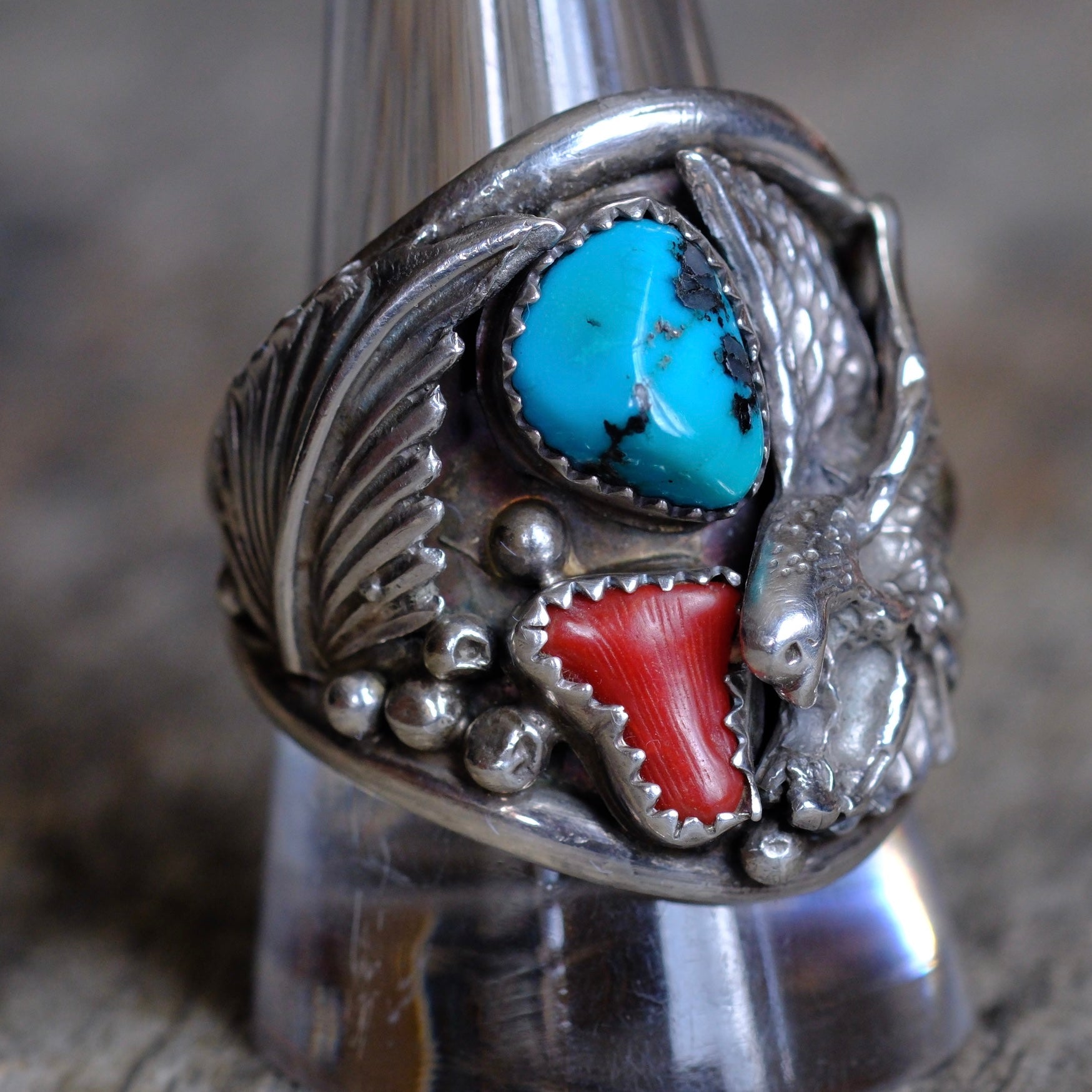 Vintage Sterling Turquoise and Coral Eagle Ring 11
