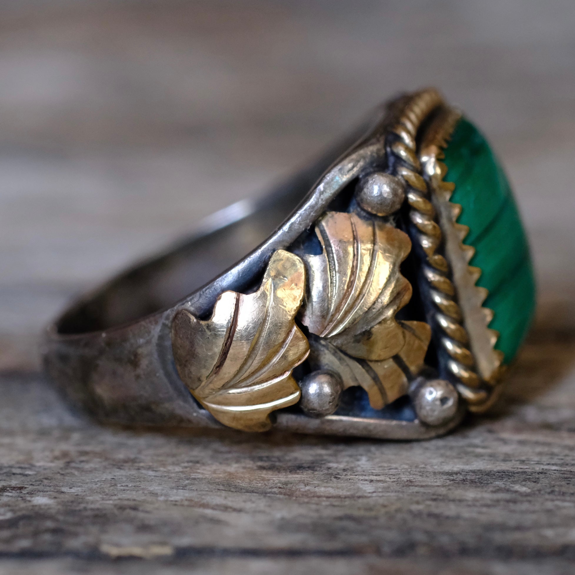 Vintage Sterling Malachite Feather Ring 11