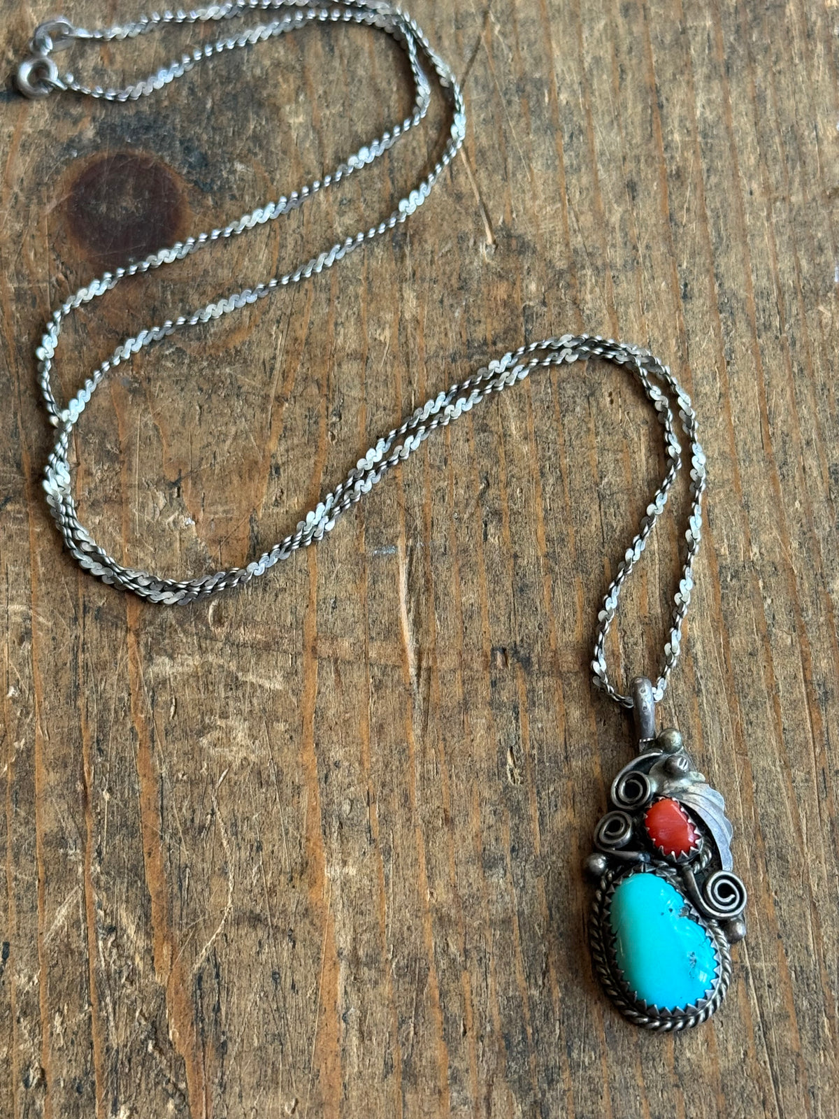 Vintage Sterling Silver Coral & Turquoise Fan Necklace
