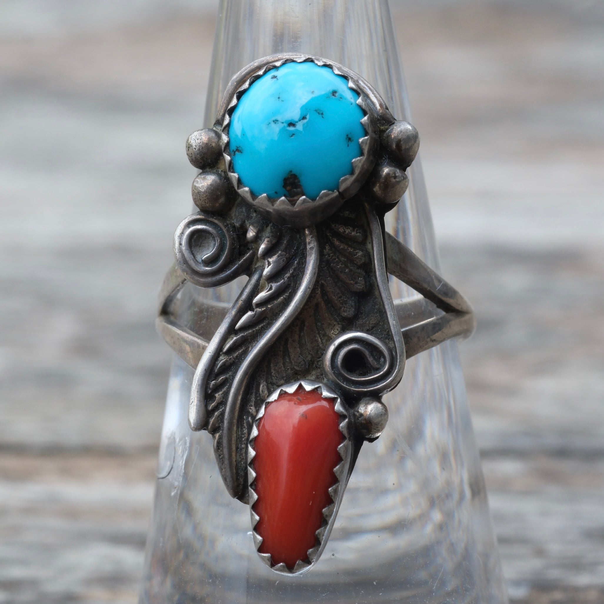 Vintage Sterling Turquoise and Coral Feather Ring 6.75