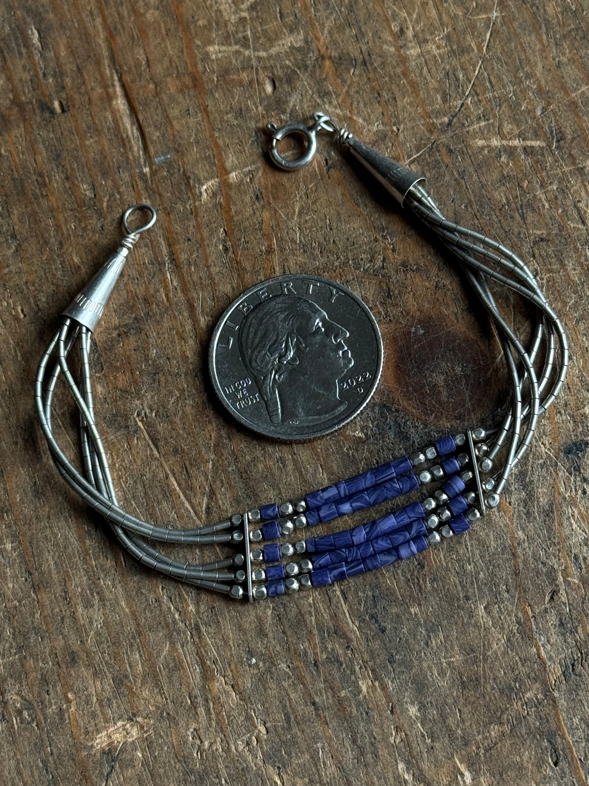 Vintage Sterling Silver Beaded Lapis Liquid Silver Bracelet