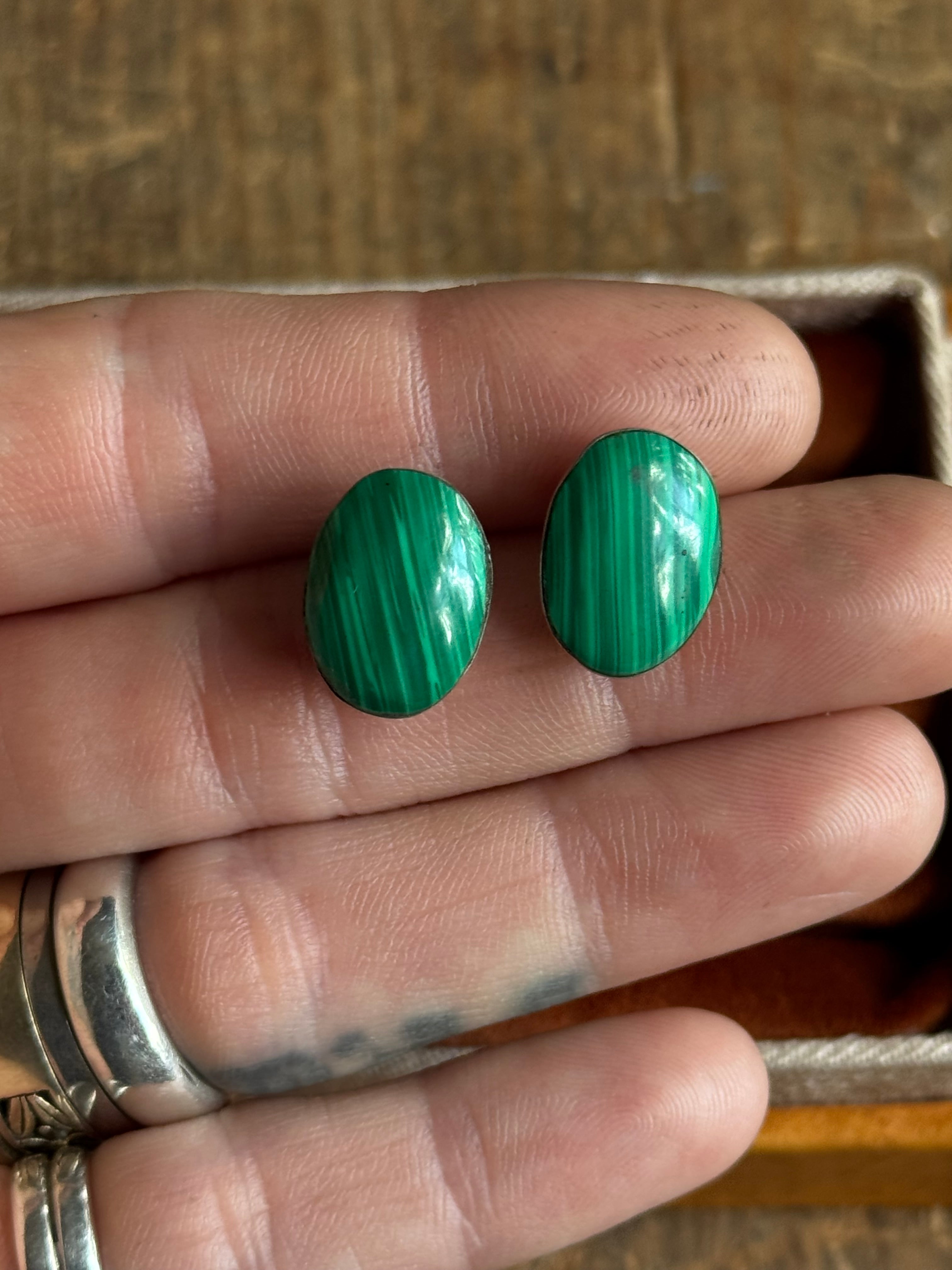 Vintage Sterling Silver Malachite Stud Earrings