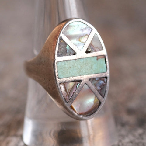 Vintage Sterling Abalone and Turquoise Inlay Ring 9