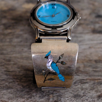 Vintage Sterling Inlay Blue Jay Watch With Turquoise Dial
