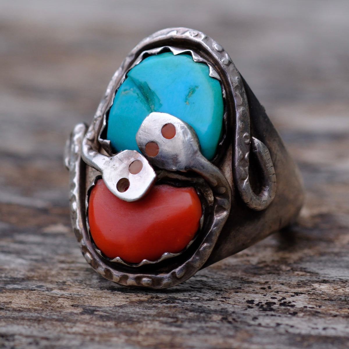 Vintage Effie C Sterling Turquoise and Coral Snake Ring 10