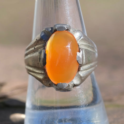 Vintage Sterling Orange Glass Deco Ring 9.75