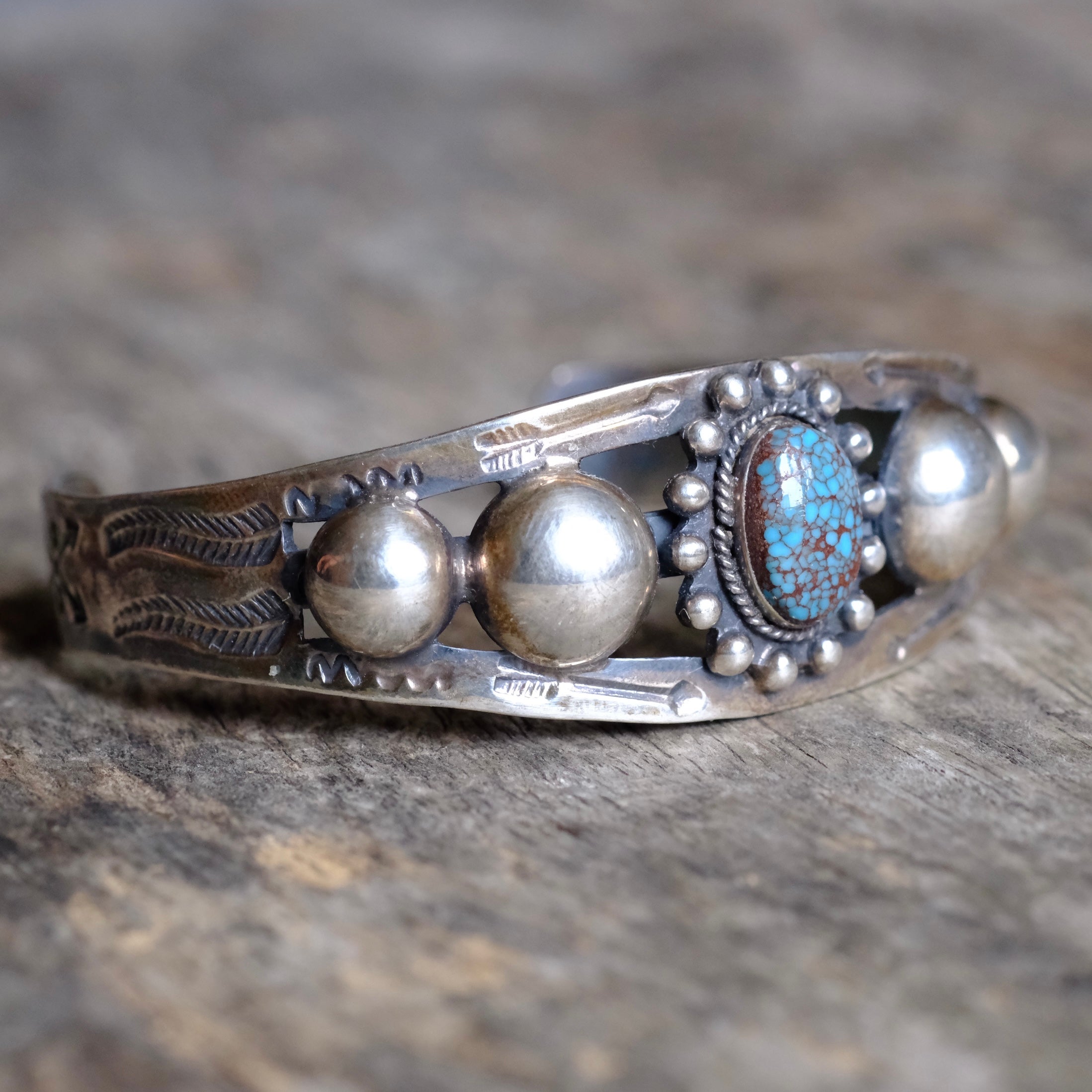 Vintage Fred Harvey Era Sterling Turquoise Stamped Cuff bracelet