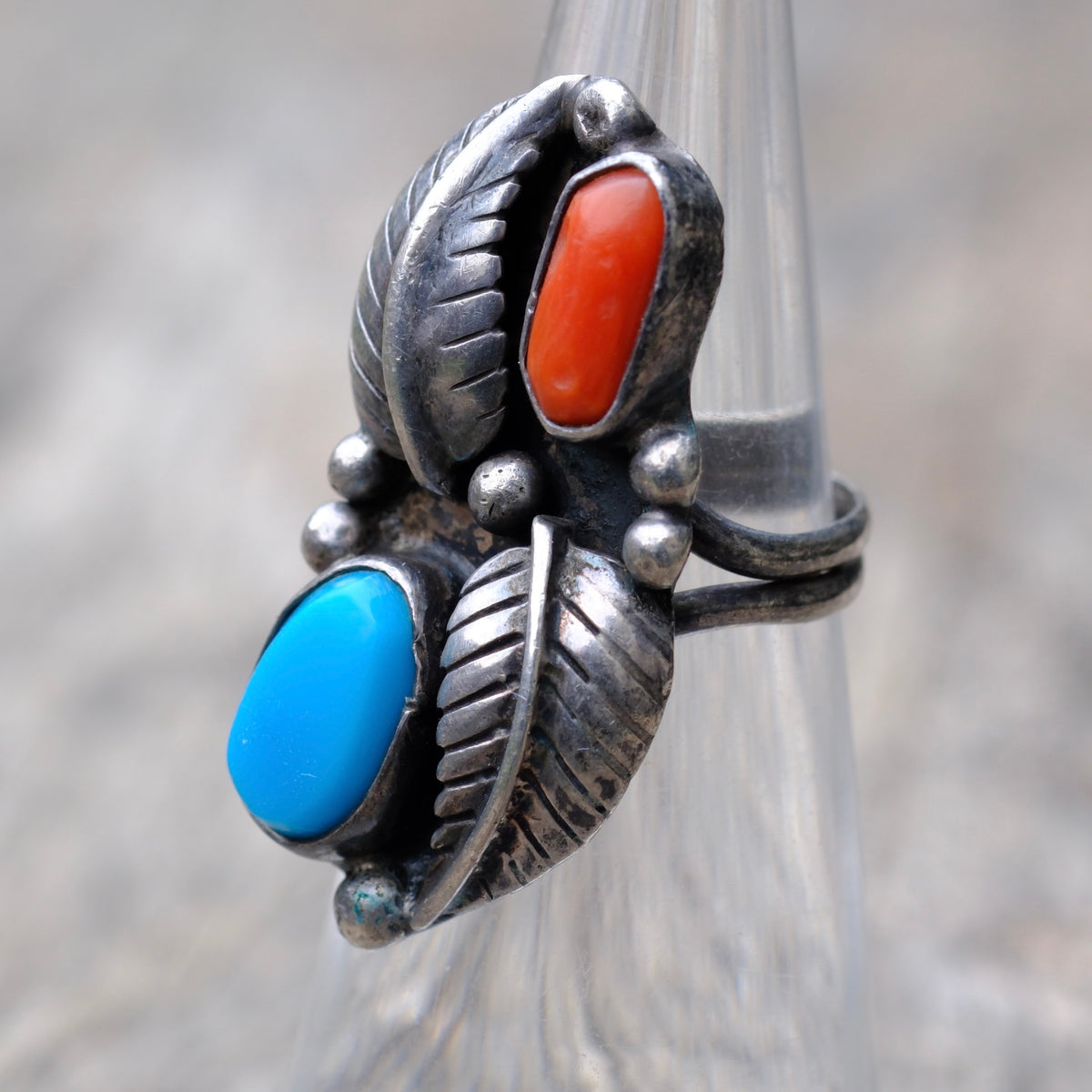 Vintage Sterling Turquoise and Coral Feather Ring 3.75