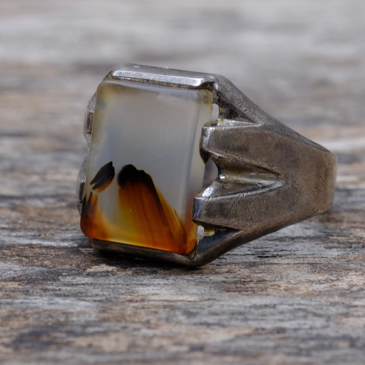 Vintage Sterling Agate Signet Ring 11.75