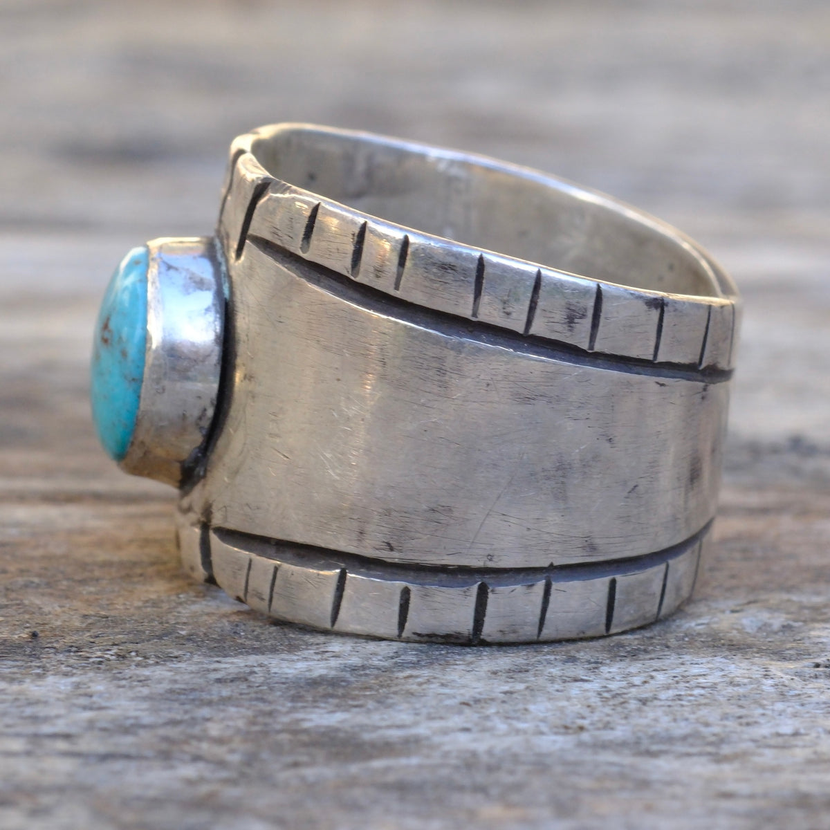 Sterling Silver Bisbee Turquoise Stamped Ring 11
