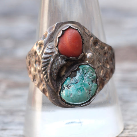 Vintage Sterling Turquoise and Coral Ring 10.25