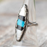 Vintage Sterling Turquoise and Onyx and MOP Inlay Roper Ring 6.75