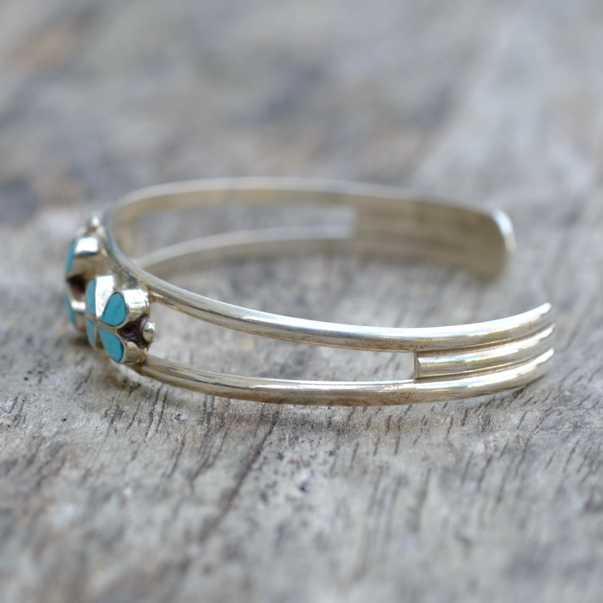 Vintage Sterling Turquoise Inlay Flower Cuff Bracelet