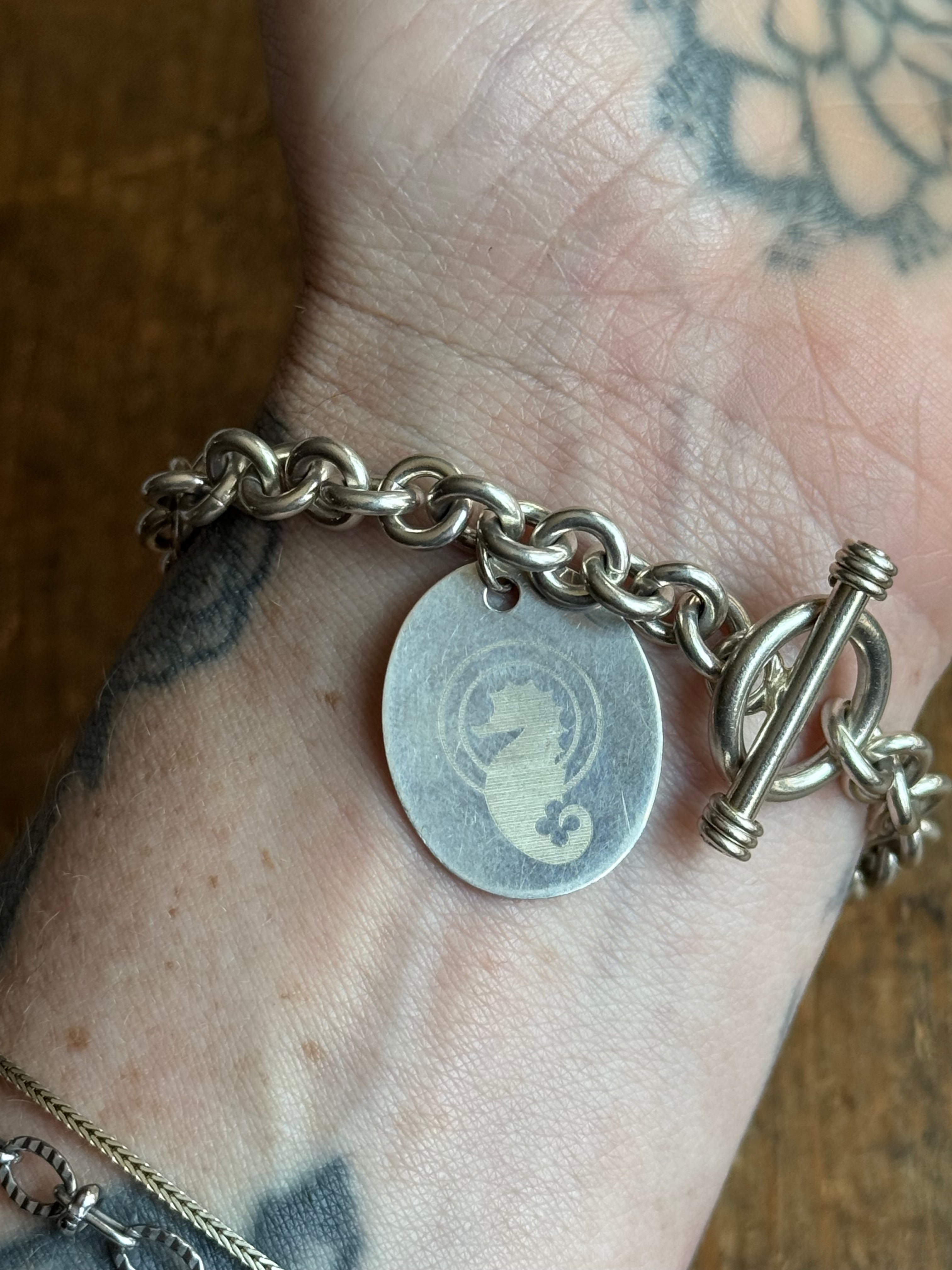 Vintage Sterling Silver 7.5” Cable Chain Seahorse Toggle Bracelet