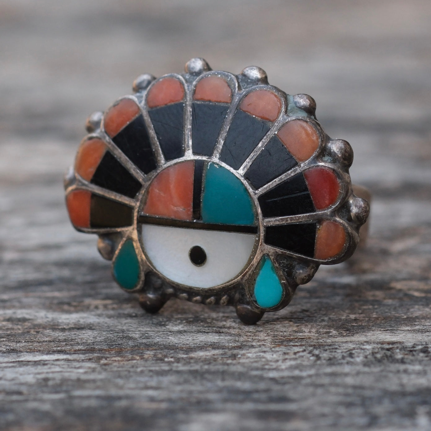 Older Vintage Sterling Multistone Inlay Headdress Ring 3.75
