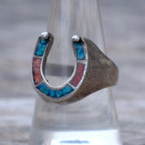 Vintage Sterling Crushed Turquoise and Coral Horseshoe Ring 9