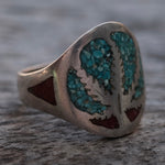 Vintage Sterling Crushed Turquoise and Coral Inlay Sweet Leaf Ring 8.5