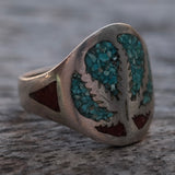 Vintage Sterling Crushed Turquoise and Coral Inlay Sweet Leaf Ring 8.5