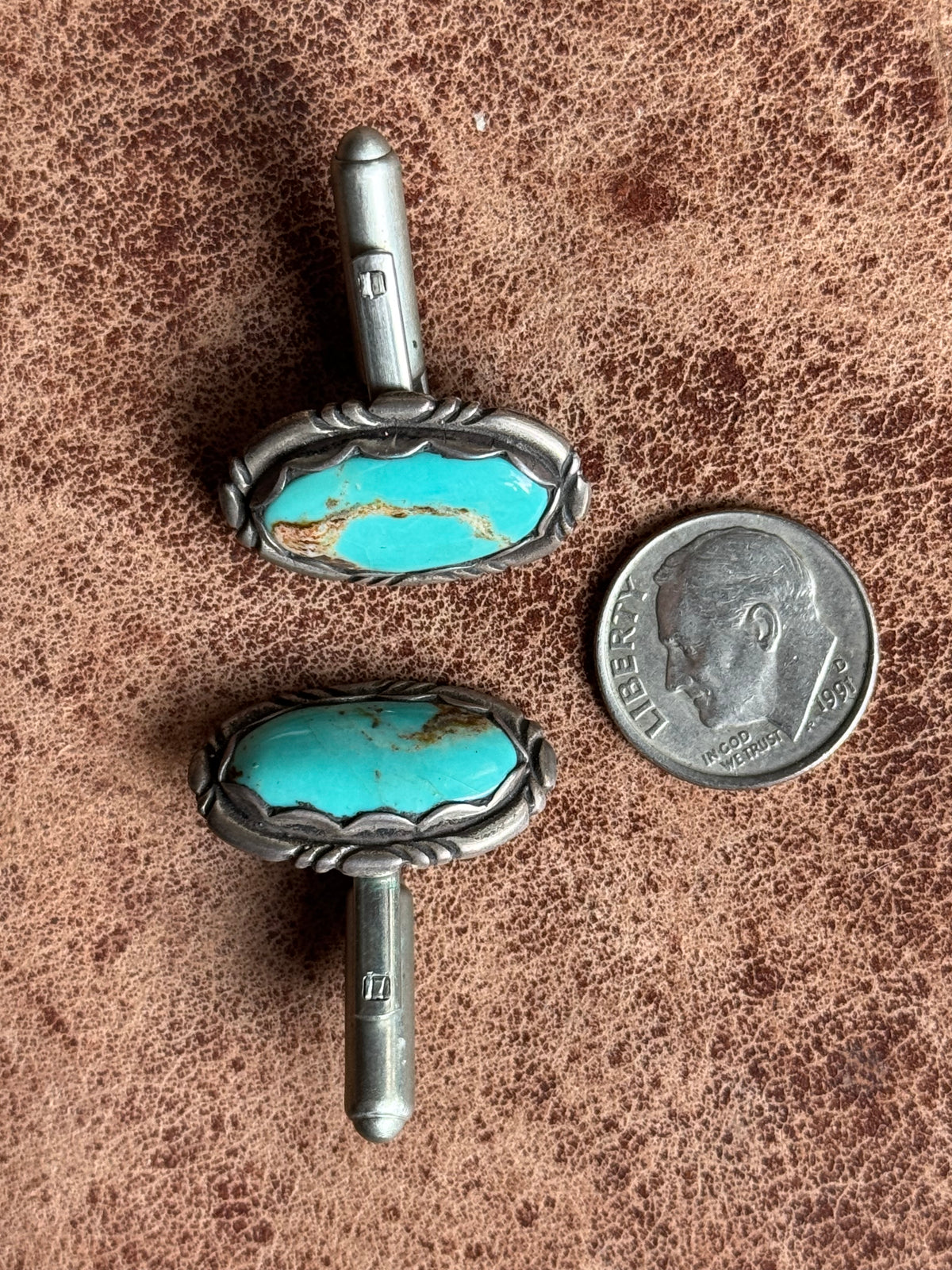 Vintage Sterling Silver Framed Turquoise Cufflinks