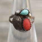 Vintage Sterling Turquoise and Coral Feather Ring 4.5