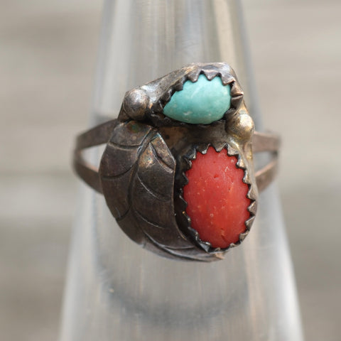 Vintage Sterling Turquoise and Coral Feather Ring 4.5