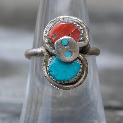 Vintage Sterling Effie Turquoise and Coral Snake Ring 6.75