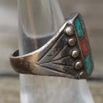 Vintage Sterling Turquoise and Coral Inlay Ring 6.75
