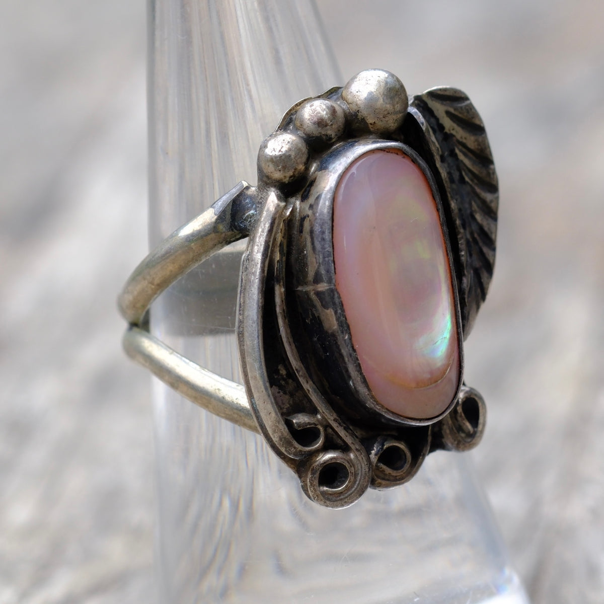 Vintage Sterling Mother Of Pearl Feather Ring 7.25
