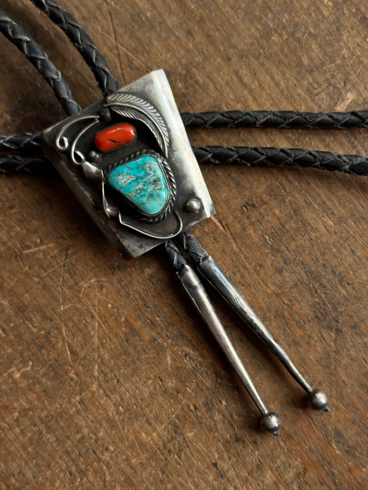 Vintage Sterling Silver Turquoise & Coral Leaf Shield Bolo