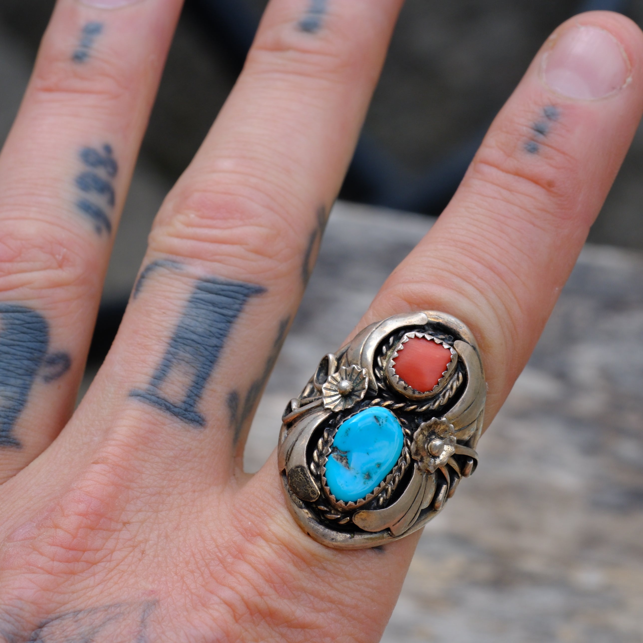 Vintage Sterling Turquoise and Coral Ring 10