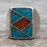 Vintage Sterling Crushed Turquoise and Coral Inlay Ring 9.5