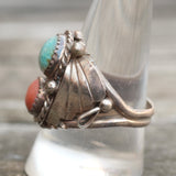 Vintage Sterling Turquoise and Coral Ribbed Band Ring 10.75