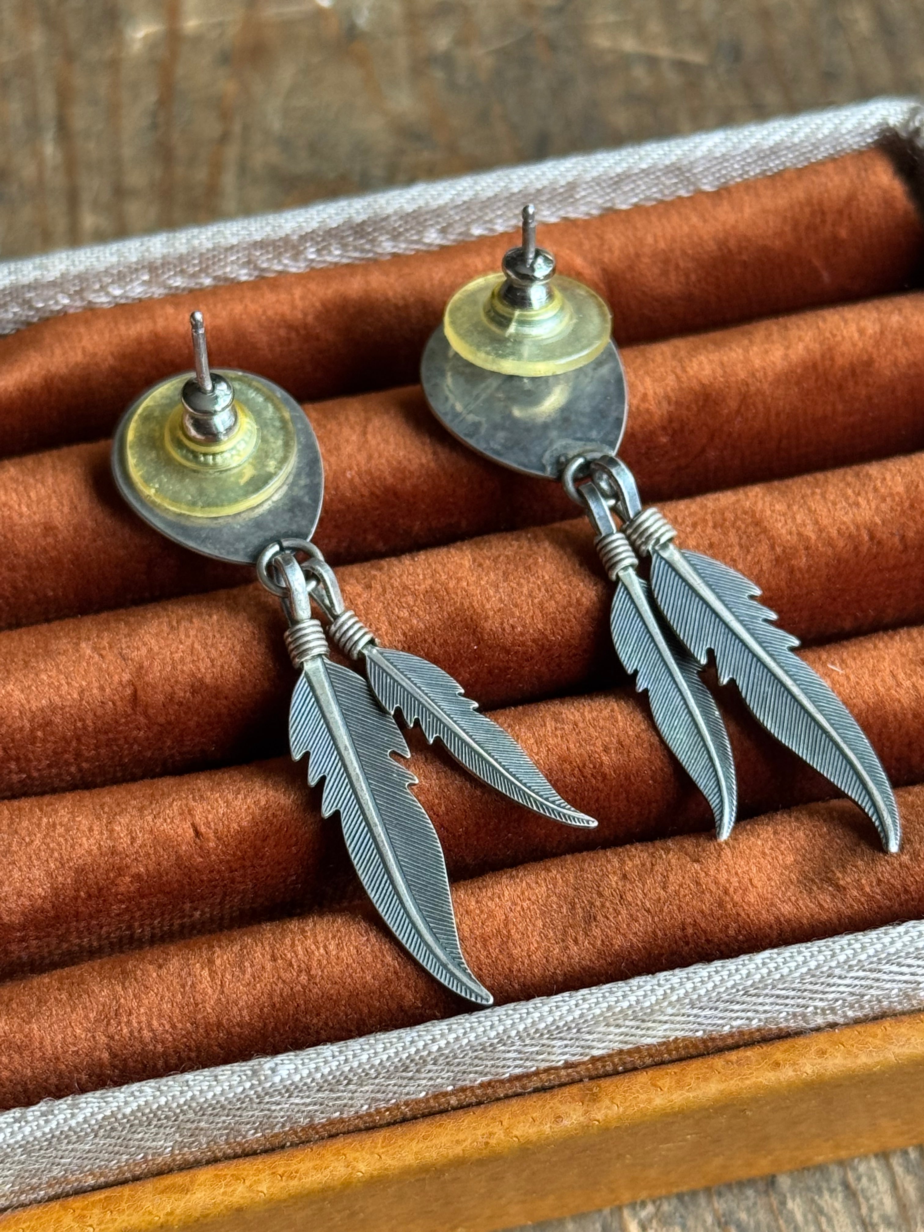 Vintage Sterling Silver Turquoise Bear Claw Feather Earrings