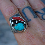 Vintage Sterling Turquoise and Coral Stamped Band Ring 12.5