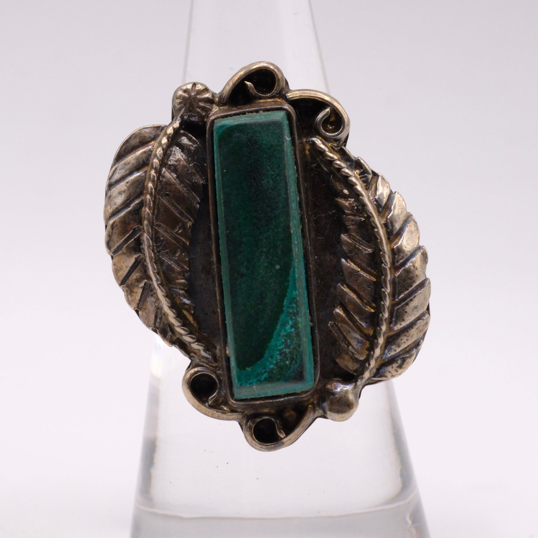 Vintage Sterling Malachite Feather Ring 6.75