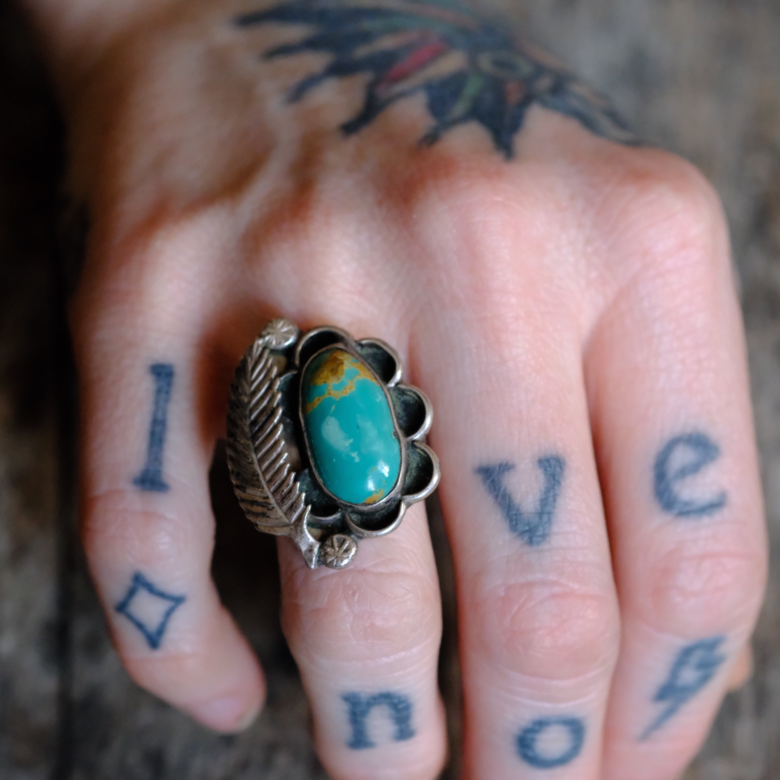 Vintage Sterling Turquoise Feather Ring 6.5