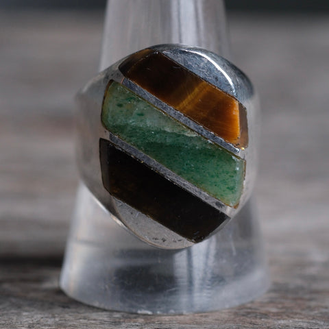 Vintage Sterling Multistone Inlay Striper Ring 10.5